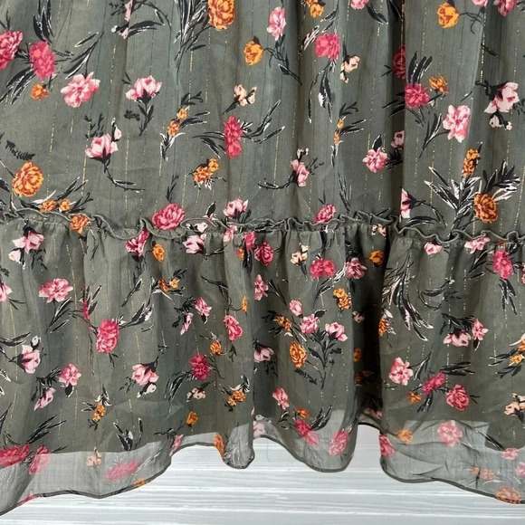 DREW Anthro Green Floral Print Dress Gold Stripes Long Sleeves Smocked Size L - Picture 7 of 16